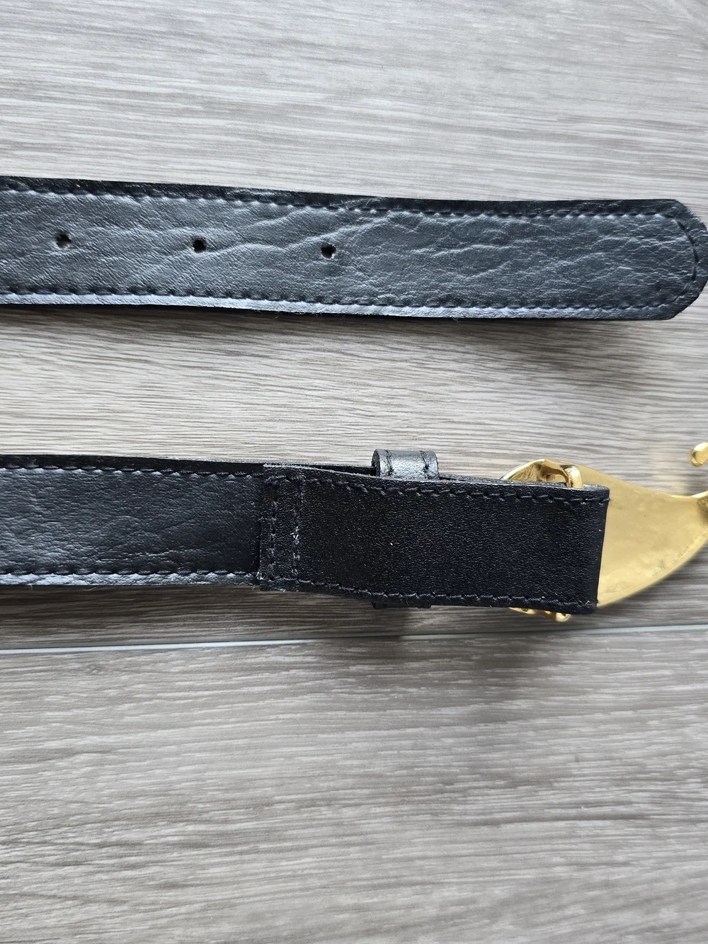 Vintage Gorbani Black Leather Belt Gold Paisley Hook Buckle Statement Sz M 90s